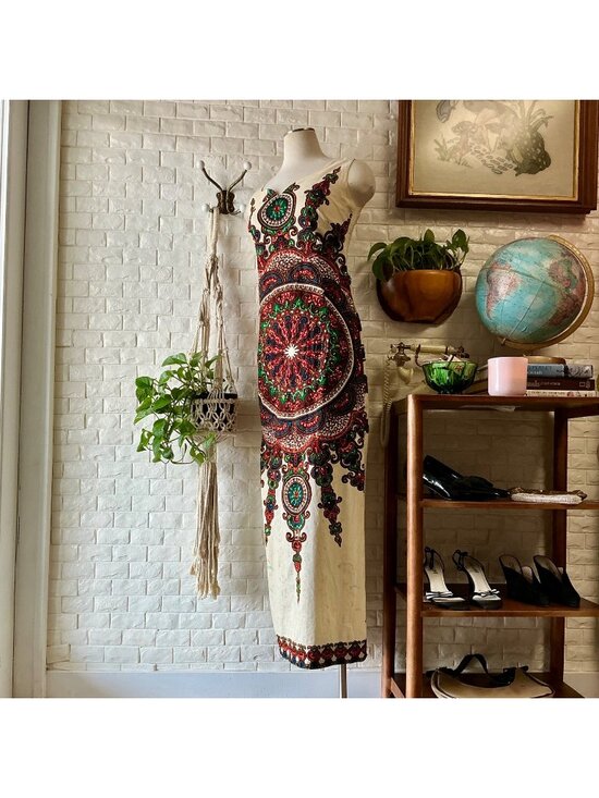 Vintage Dresses & Skirts - Vintage 70s Bou Boudina Maxi Dress Ornately Sequined Colorful Dashiki Medallion